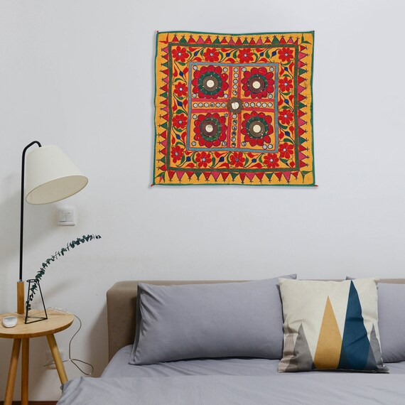 Tenture Murale Brodée Main Indienne - Coton Et Soie - 104x104 Cm - Déco Bohème