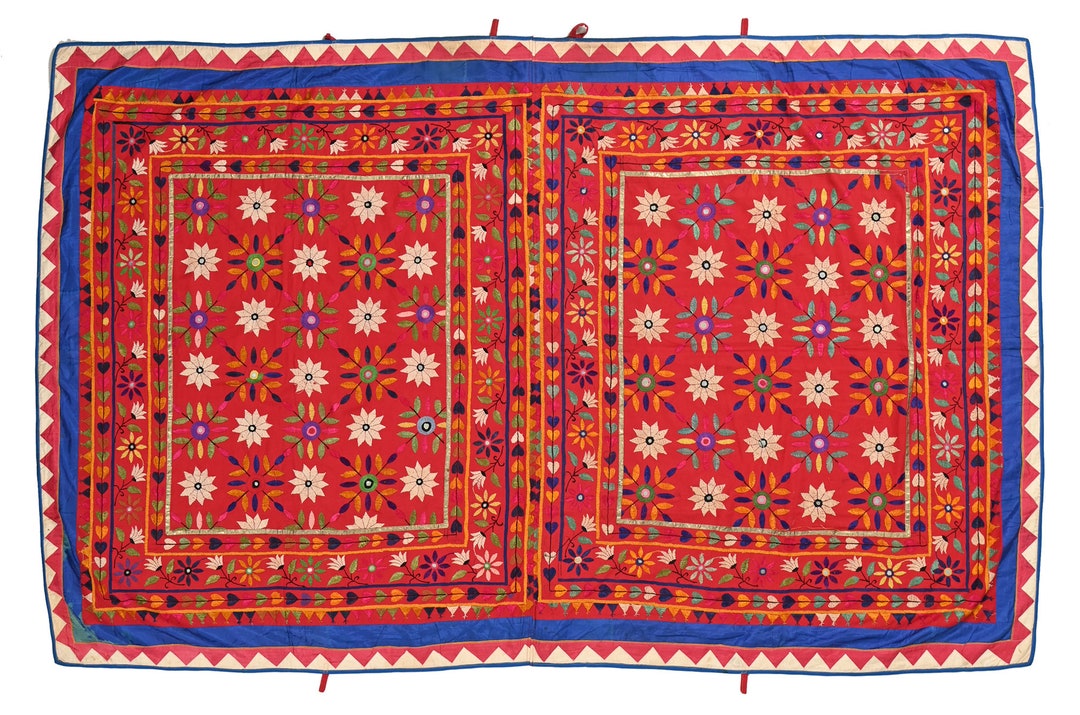 Vintage Floral Embroidered Gujarati Tapestry, Wall Décor, Colorful