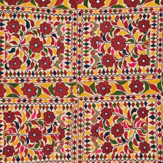 Tapisserie vintage Gujrati 40-50 ans, broderie de soie, coton