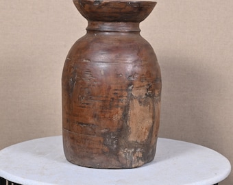 Wooden Round Matka Pot Himachal Storage Pot Antique Wooden Himachal Water Matka Pot Original Old Hand Carved Rustic Water Pot