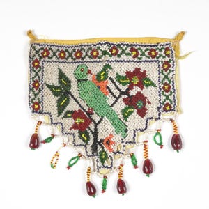 Indian Beaded Wall Hanging with Parrot Motif Vintage Gujarati Tribal Beadwork Tapestry, Boho Banjara Folk Art Decor, Rare Beaded Textile