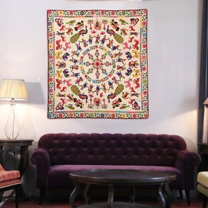 Hand Embroidered Vintage Gujarati Tapestry, Indian Textile Art, Tribal Boho Banjara, Colorful Hippie Wall Hanging 5.3 x 5.8 Feet