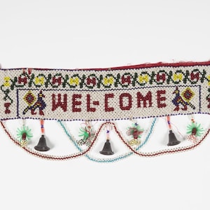 Indian Beaded Welcome Wall Hanging Handmade Gujarati Door Toran with Bells, Vintage Tribal Wall Textile, Boho Banjara Beadwork Home Decor