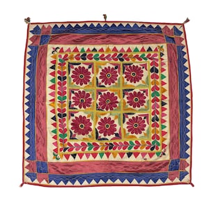 Vintage Handmade Cotton Wall Hanging Floral motifs Gujarati Hand Embroidered Wall ArtTraditional Indian Textile Tapestry Home Decor Gift