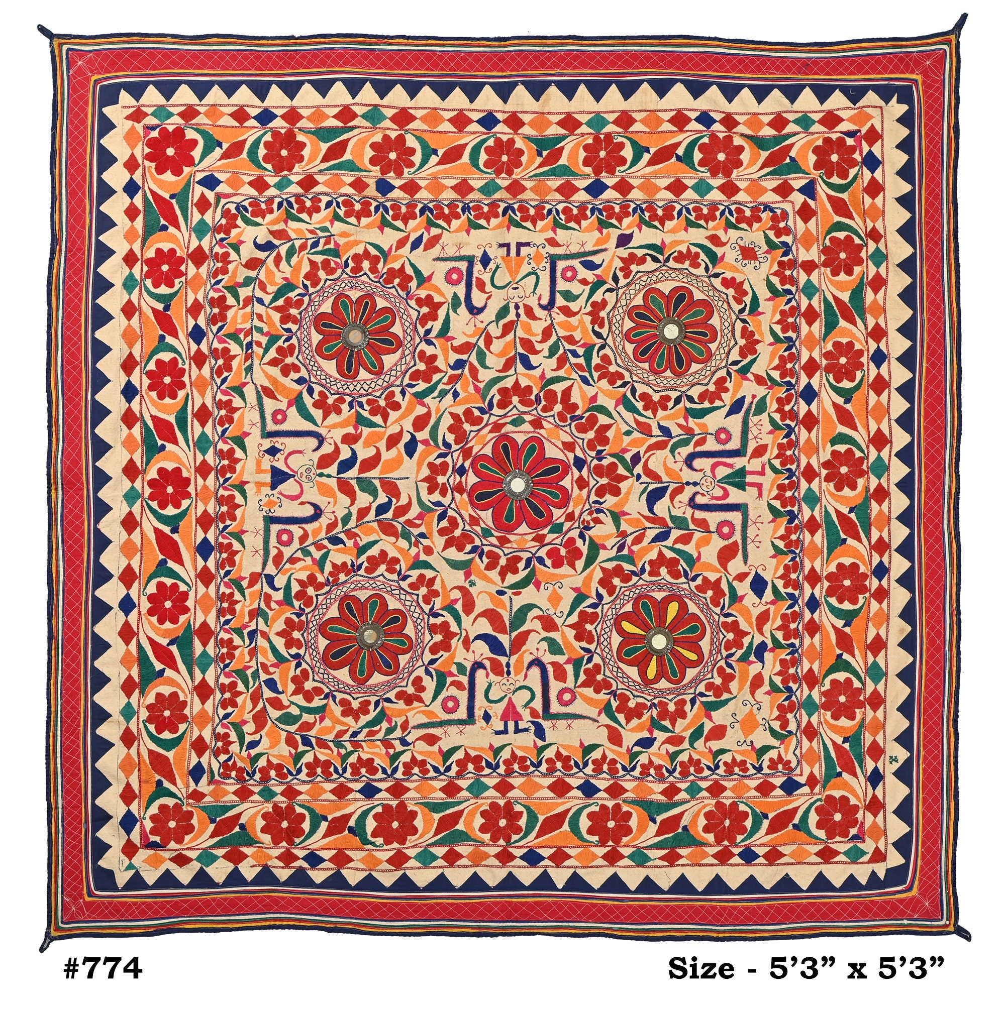Antique Indian Hand Embroidered Tapestry Gujarati Textile Hippie Wall Hanging Table Cloth Indian Wall Art Runners Throws 5.35.3 Ft Etsy