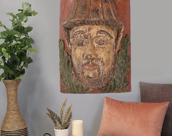 Maschera antica, intagliata a mano, in legno, indiana, realizzata a mano, dipinta a mano, da appendere alla parete, decorazione da parete, maschere in legno vintage, maschera tribale indiana