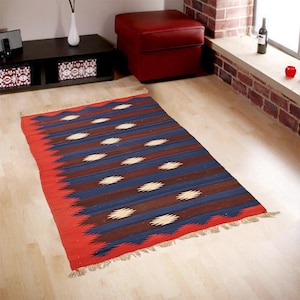 Modern Handmade Cotton Area Rug Flat Weave Natural Vegetable Dyed Rug Indian Dhurrie Reversible Wall Tapestry Scandinavian Rug