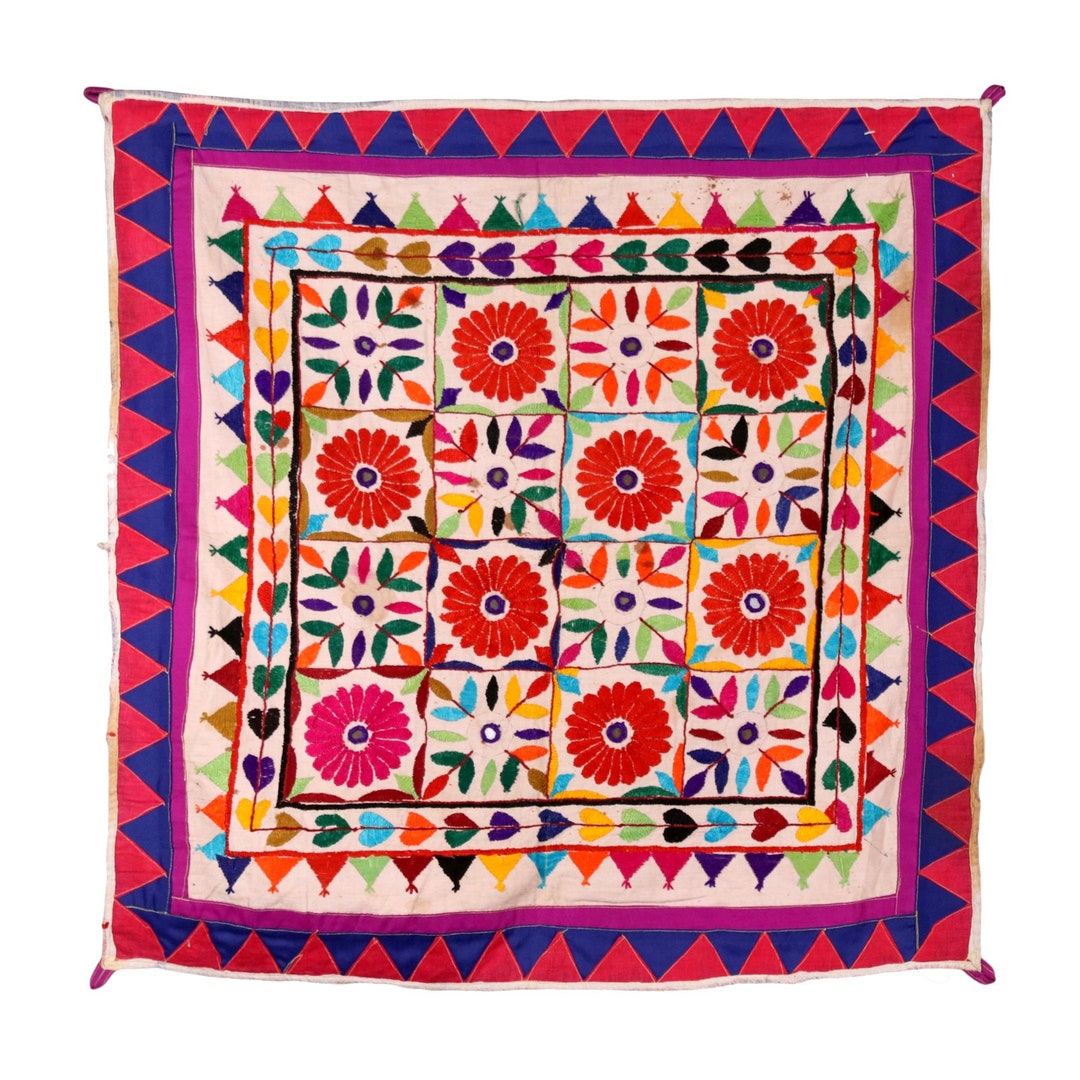 Vintage Floral Motifs Gujarati Hand Embroidered Textile Traditional