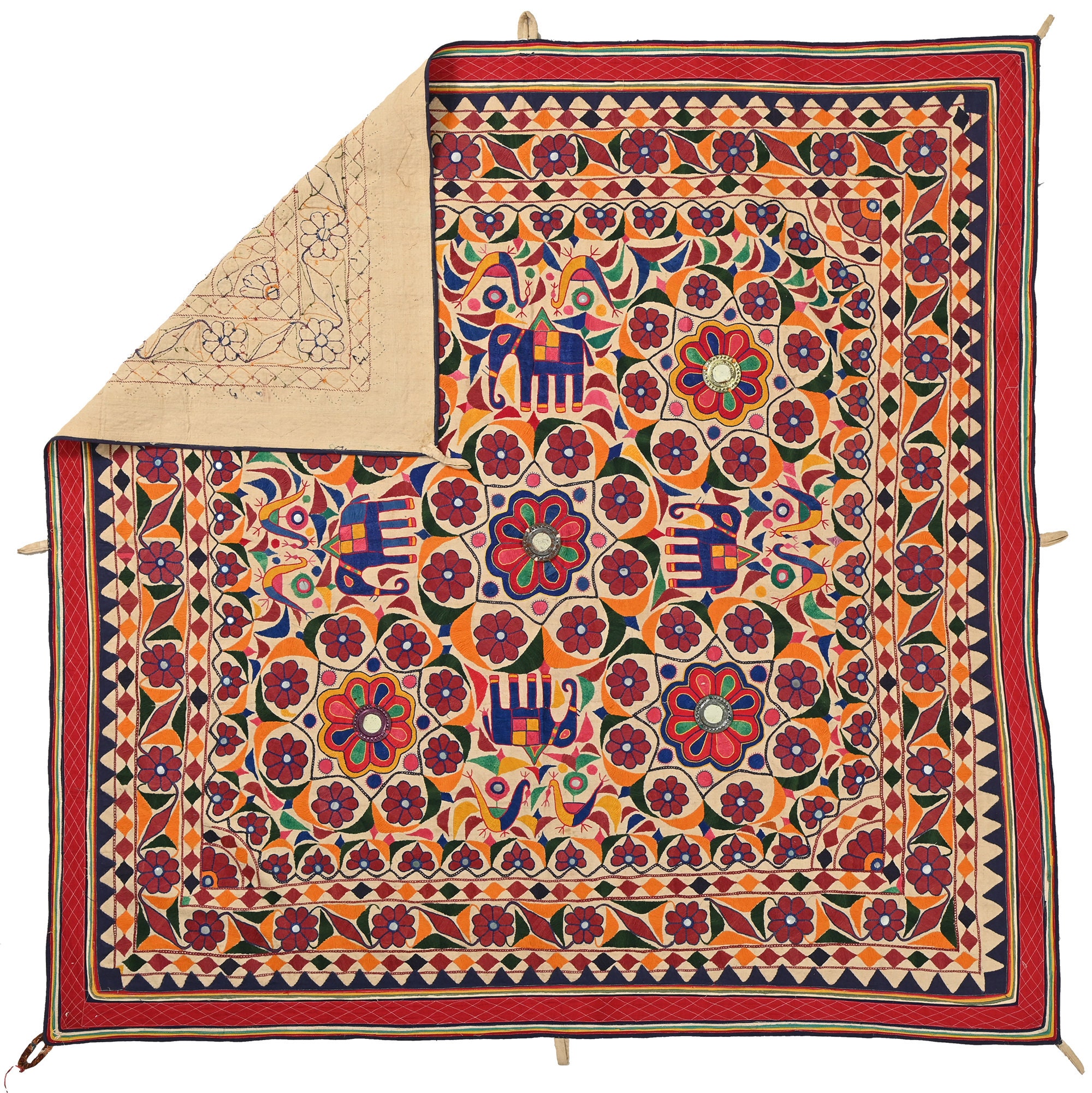 Vintage Flower Embroidered Mirror Work Tapestry Antique Indian Gujarati