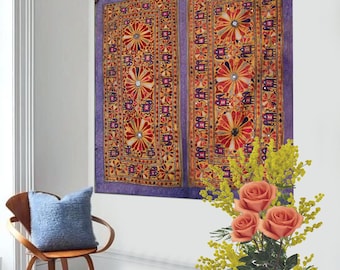 Vintage Gujarati Banjara Embroidered Tapestry Handmade Indian Mirror Work Textile, 40–50 Yr Old Boho Wall Hanging Ethnic Home Decor tapestry