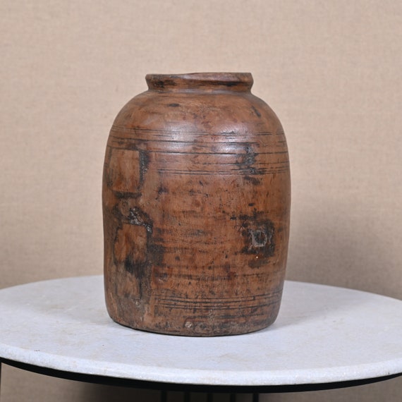 Old Hand Carved Rustic Water Pot Matka Wooden Round Matka Pot