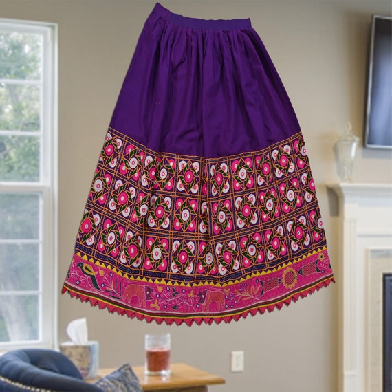 Indian Vintage Textile Skirt, Blue Hand Embroidery Mirror Work
