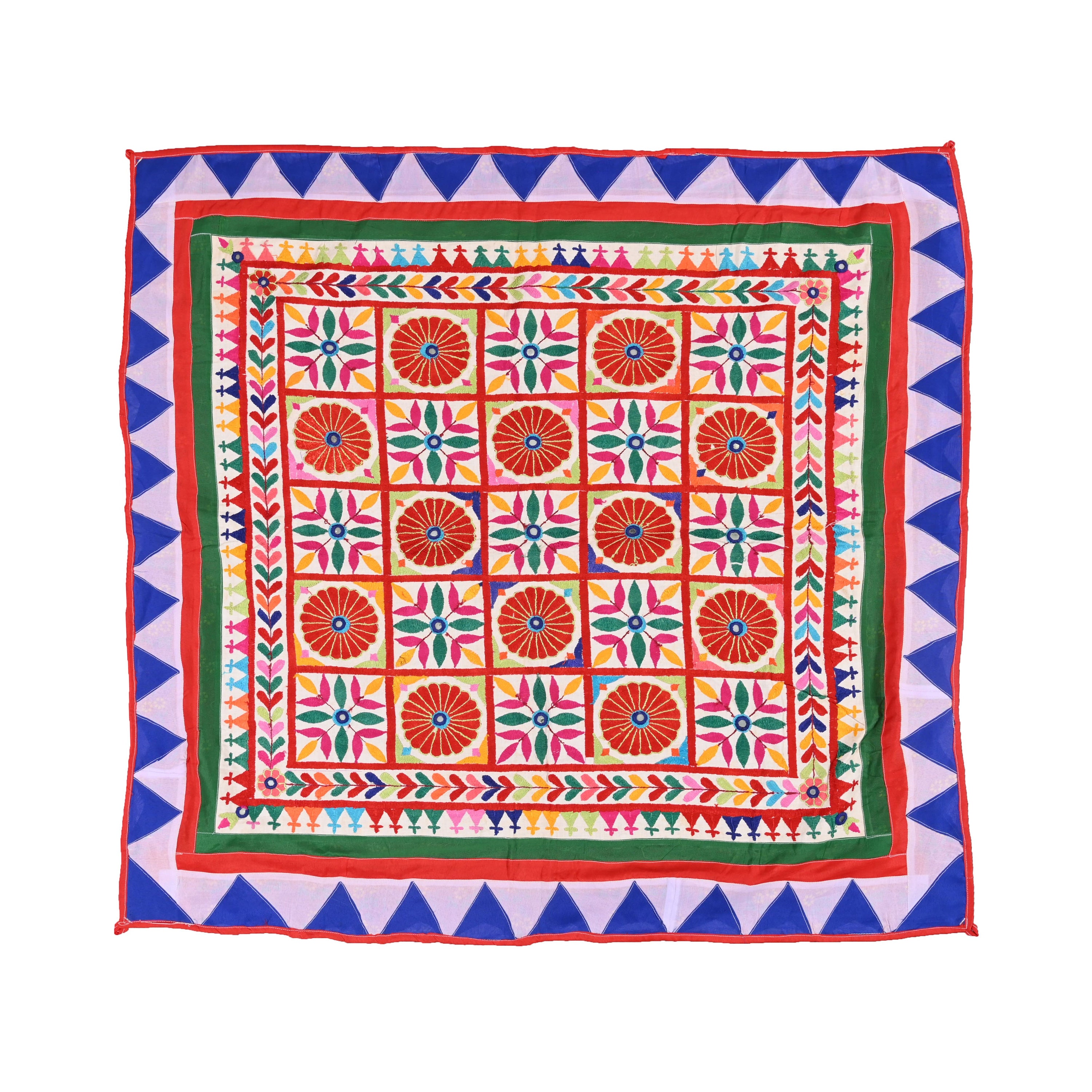 Tapisserie Brodée Main Gujrati - Rouge, Fleurs Et Miroirs - 3x2,3 Ft - Inde