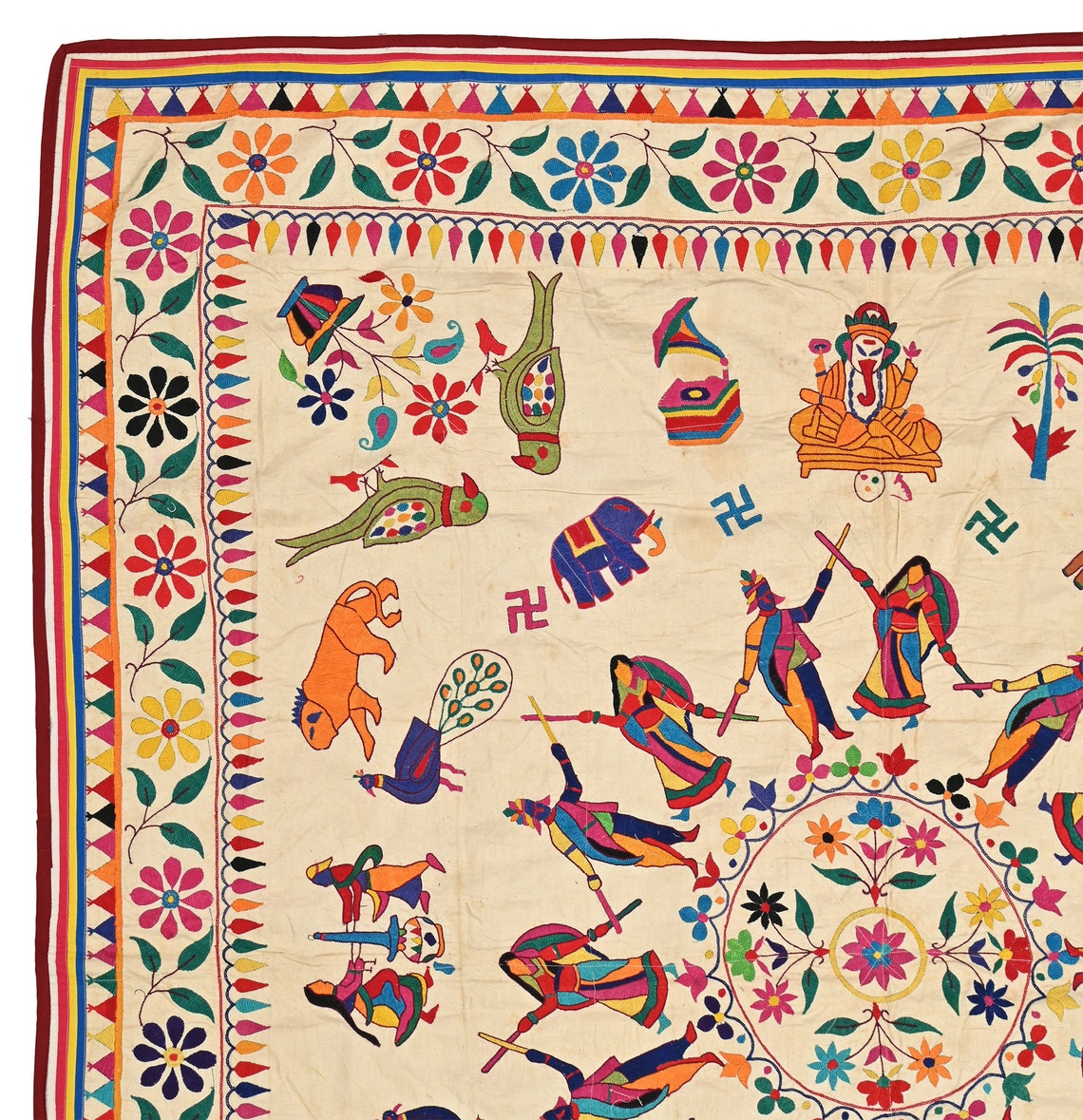 Tenture Murale Indienne Gujarati - Textile Boho Banjara - 100% Coton - 1,3 X 1,3 Pieds