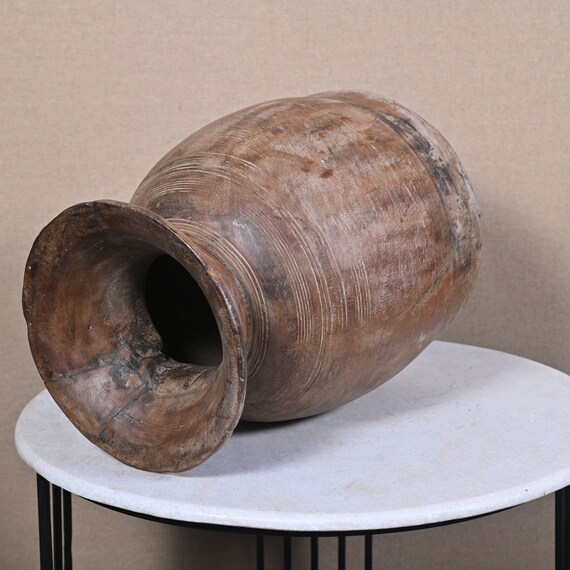 Pot Vintage En Bois De L'Himachal – Distributeur D'Eau Ou Rangement – 9 X 9 X 12 Pouces – Pièce Ancienne