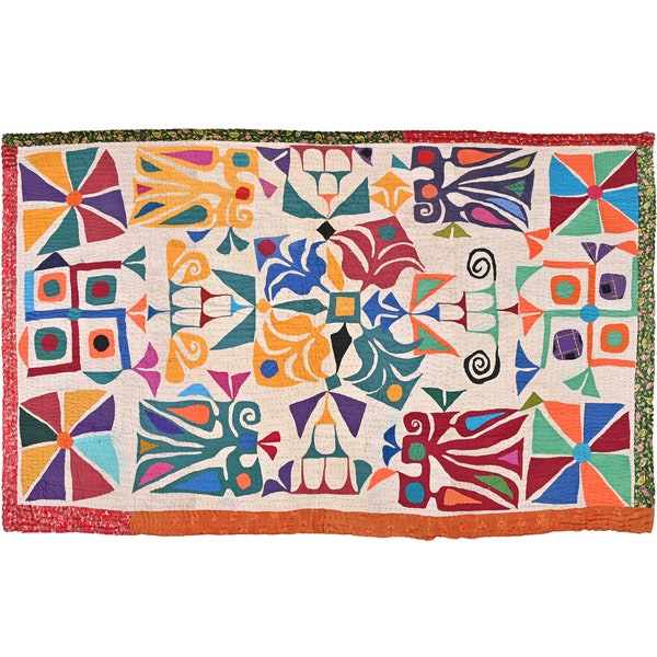 Applique murale en textile, patchwork, motif floral, tapisserie multicolore, décoration murale indienne gujrati, article cadeau fait main, textile en coton