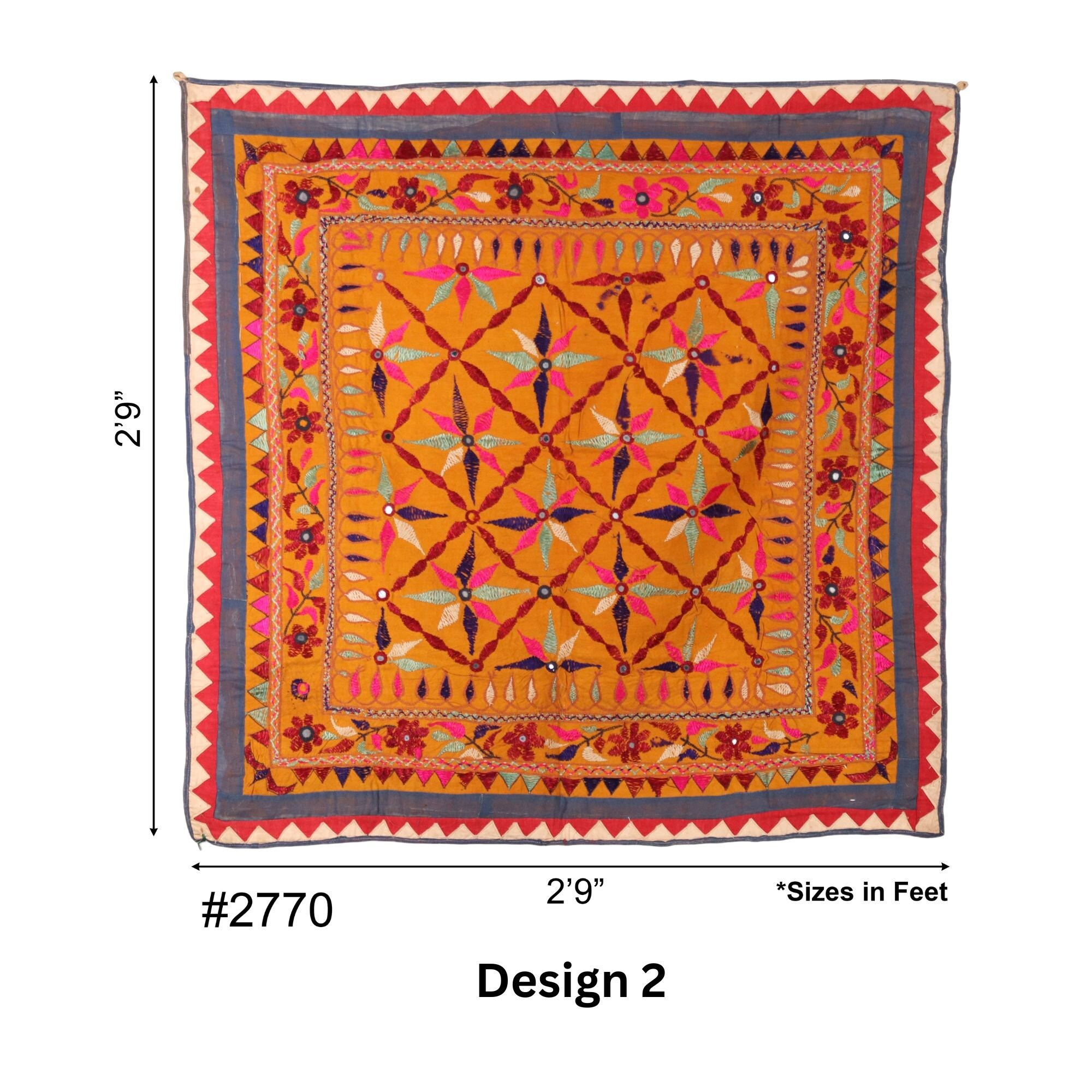 Grande Tenture Murale Vintage – Motifs Paon Et Fleurs – Textile Gujarati D’Inde – 168 X 164 Cm