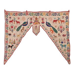 Bandanwal, Peacock motifs Antique Door Hanging, Hand Embroidered Toran, Colorful multi thread work Guajarati Wall hanging