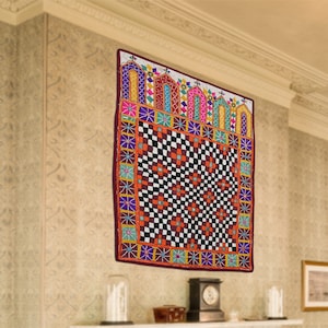 Multicolor 40-50 years old Embroidery Handmade Antique Indian Gujrati Textile Wall hanging Vintage Tribal Tapestry Silk Thread work