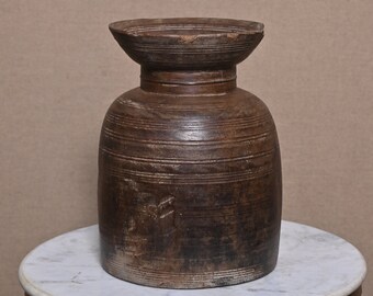 Handmade Vintage Wooden Pot Himachal Matka Old Hand Carved 