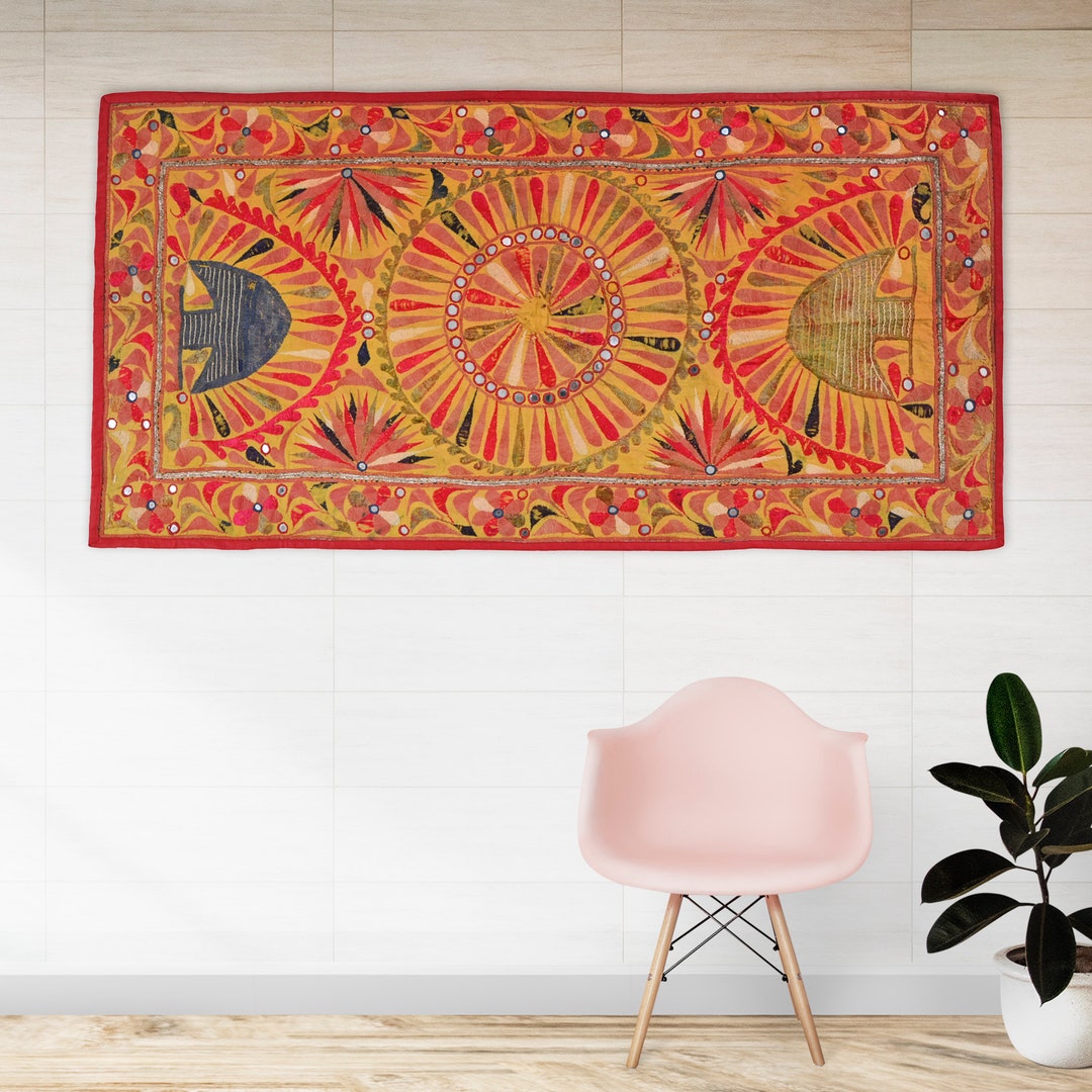 Indian Embroidery Mirror Work Tapestry Wall Hanging Decor Boho Wall
