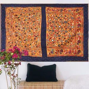 Vintage Hand Embroidered Tapestry: Bohemian Indian Textile Wall Hanging (4.4 x 5.8 ft)