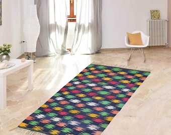 Contemporary Handmade Cotton Area Rug Flat Weave Natural Vegetable Dyed Rug Indian Dhurrie Reversible Wall Tapestry Handloomed Rug