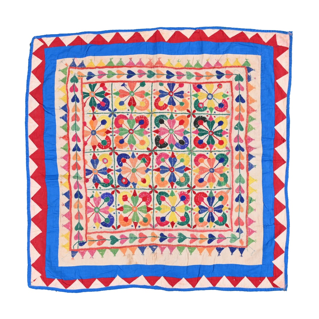 Handmade Indian Gujarati Textile Wall Hanging Mirror Silk Thread Work