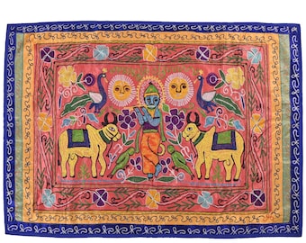 Vintage Wall hanging Gujarati Boho tapestry Lord Krishna Handmade Wall Art Living Room Decor Indian Hand Embroidery Wall Hanging Textile