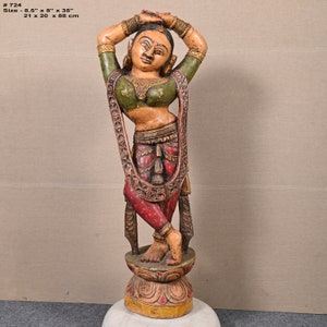 Traditional Women Statue Vintage Hand Painted Statue Indian Carved Women Sculpture Rajasthani Figure Tabletop Art Collectibles Wooden Decor