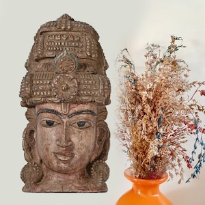 Antiek, met de hand gesneden houten masker, Indiaas handgemaakt masker, handgeschilderd, muurhanger, wanddecoratie, vintage maskers, The Indian Goddess Mask