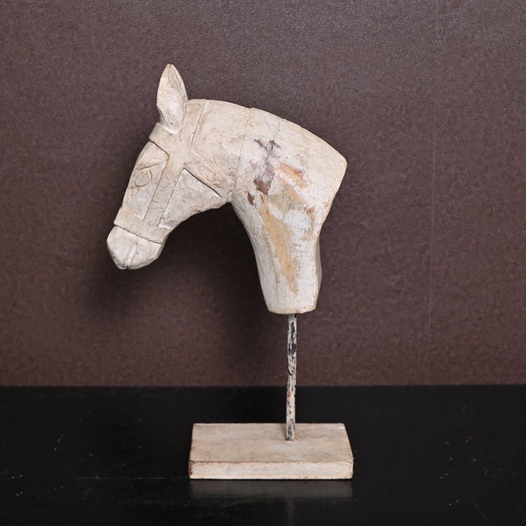 Wooden Decorative Horse Sculpture, Antique Horse Statue on Iron Stand