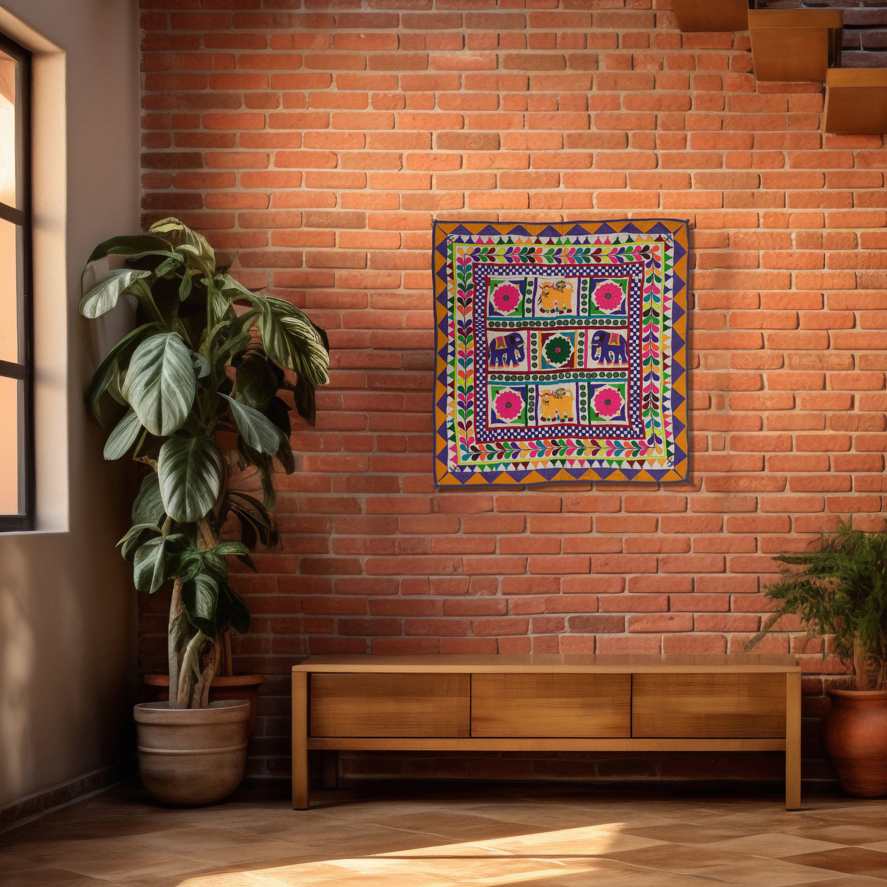 Tapisserie Murale Vintage Indienne Fusion Furnishing – Coton Brodé à La Main, 97x97cm