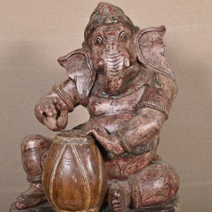 Vintage Wooden Hand Carved Lord Ganesha Statue Musical Statue Wooden Sculpture Hindu God Figurine Ganapati Statue Elephant Hindu God Idol