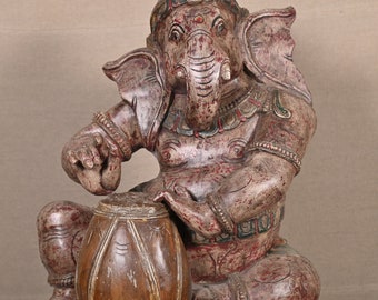 Vintage Wooden Hand Carved Lord Ganesha Statue Musical Statue Wooden Sculpture Hindu God Figurine Ganapati Statue Elephant Hindu God Idol