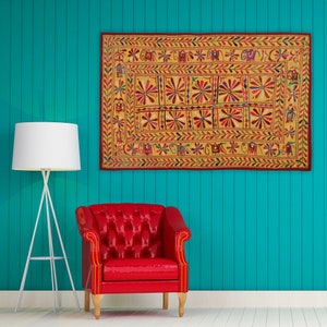 Wall hanging Yellow color Animal design Gujrati textile, 40-50 Year old Home furniture, Indian hand embroidered, Mirror Work Peacock Textile