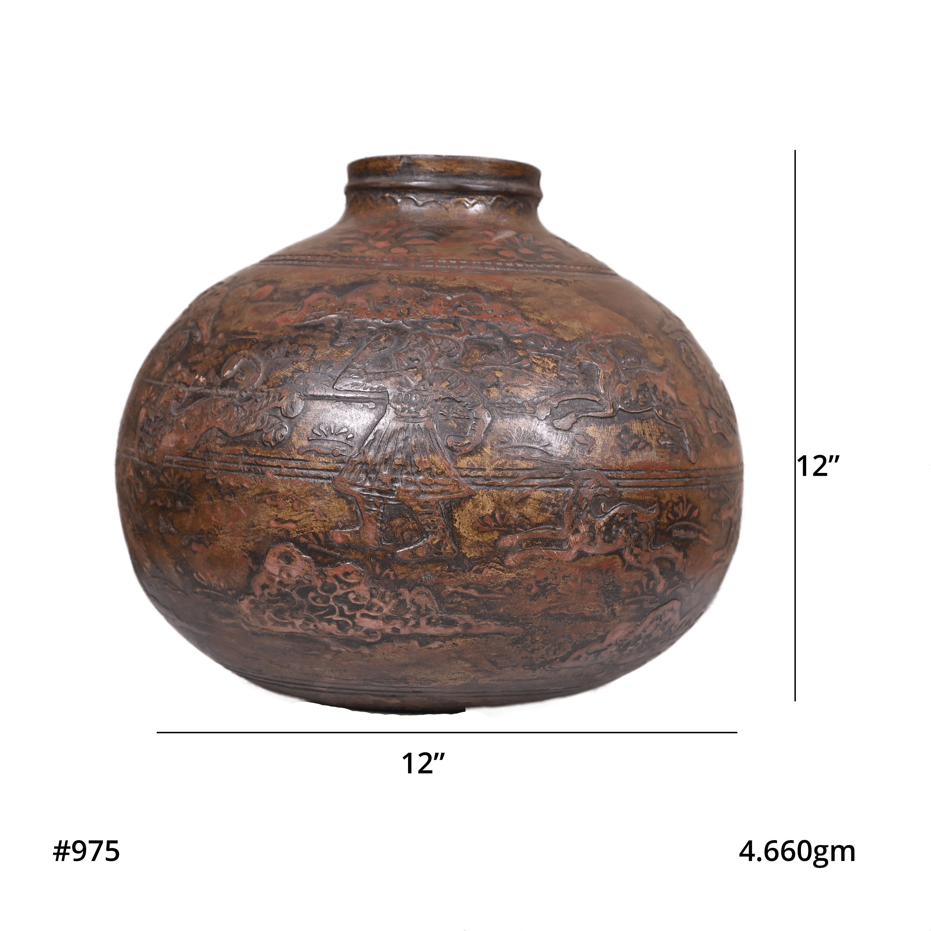 Old Hand Carved Rustic Water Pot Matka Wooden Round Matka Pot