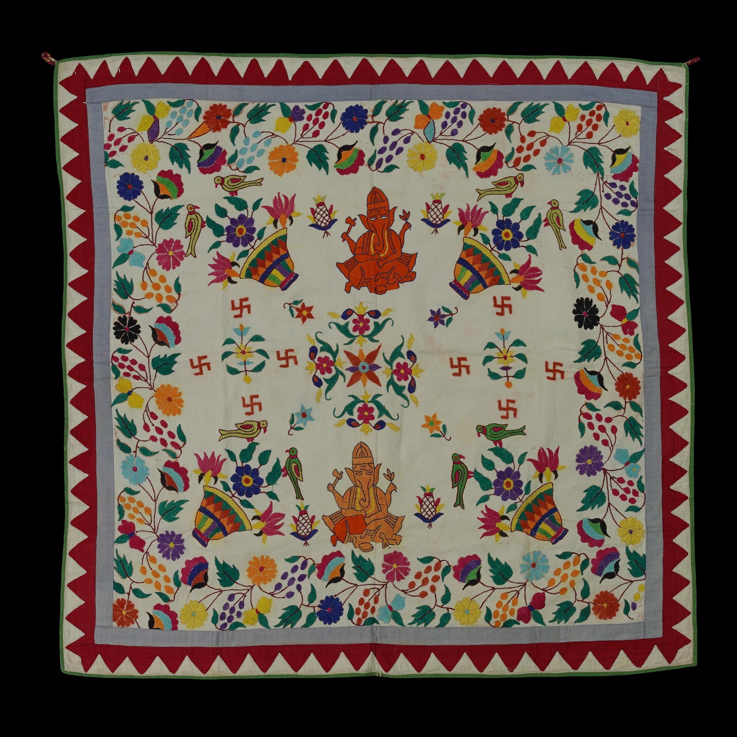 ヴィンテージインド織物壁掛けタペストリー 手刺繍コットン壁掛け