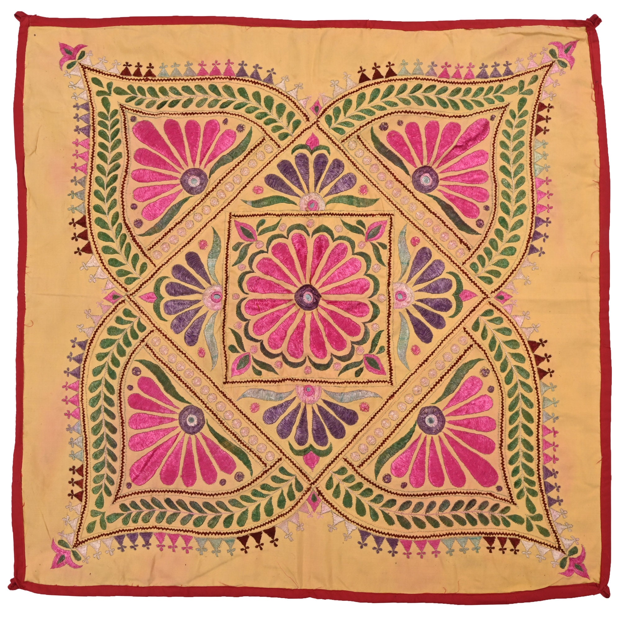 Tenture Murale Indienne Vintage – Coton Brodé Main, Motifs Fleurs, 3,5x3,5 Pieds
