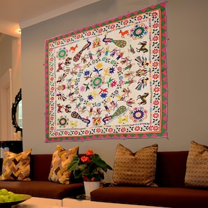 Tapestry 40-50 Year old Indian Hand Embroidered Animal & birds Theme Textile, colorful multi thread traditional hand woven wall decor art