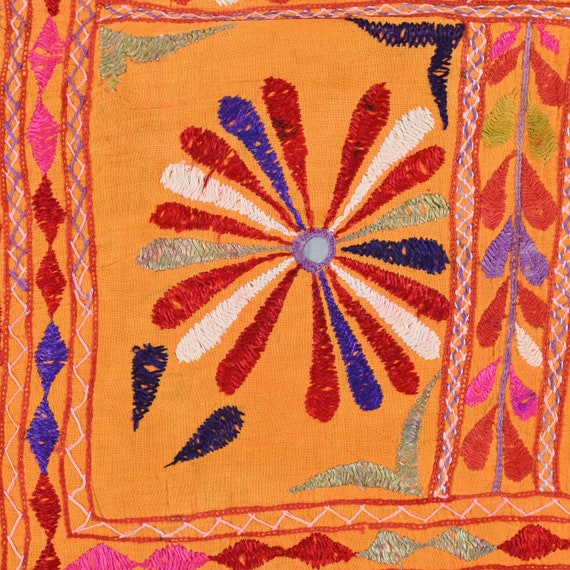 Tapisserie des années 70-80 ans, broderie ancienne indienne gujrati, textile fait main, tenture murale vintage, tapisserie tribale, miroir, fil de soie - France