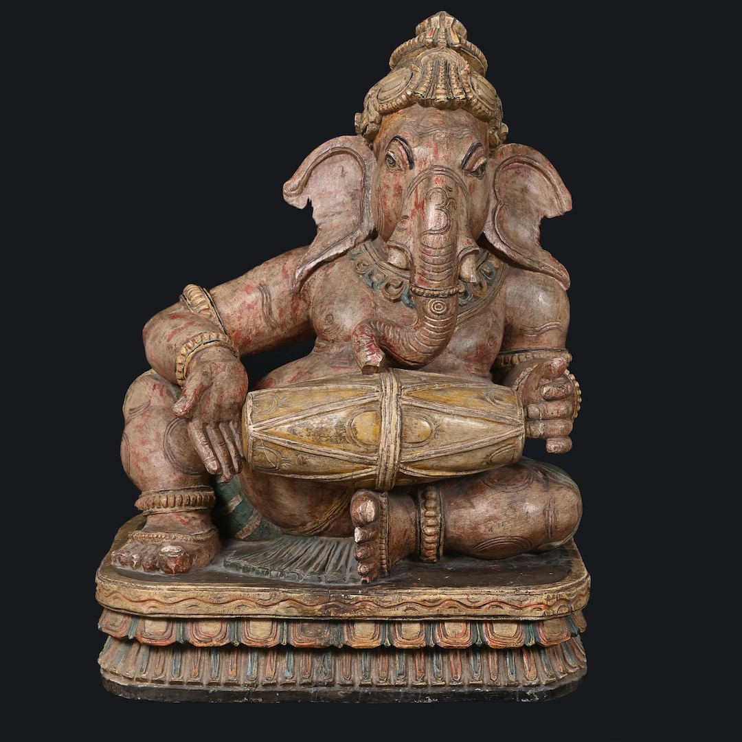 Wooden Hand Carved Lord Ganesha Statue Dhol With Ganesha Figurine ...