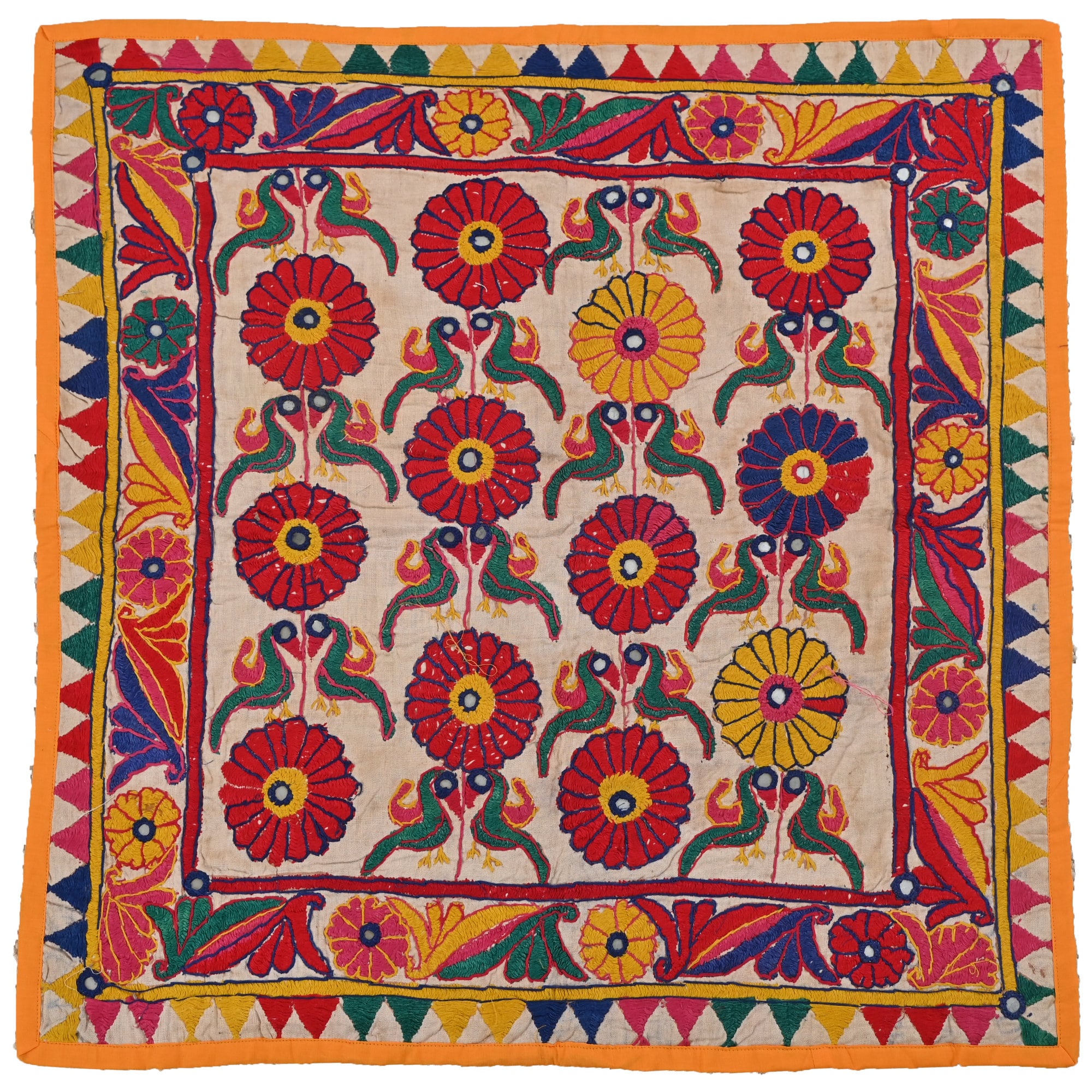 インド刺繍の花柄タペストリー、ヴィンテージ壁掛け、鳥の壁掛け