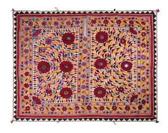 Vintage Hand Embroidered Bohemian Gujarati Tapestry Wall Hanging Textile Home Decor Floral Handcrafted Wall Decor Art Housewarming gift