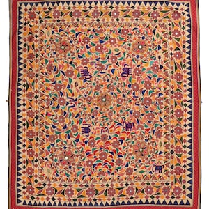 Indian Boho Banjara Tapestry Antique Gujarati Hand Embroidered Floral Wall Hanging Home Decor Living Room Decor Indian Wall Art 5.6*6.3 Ft