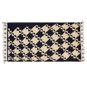3.6x7 ft Handwoven Cotton Punjabi Rug Vintage Kilim Reversible Blue and Beige Dhurrie Area Rug Eco Friendly Home Décor Tribal Indoor Rug