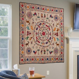 Textile Antique Gujarati cotton Tapestry, 40-50 Year old Hand Embroidered Vintage Wall hanging, 5.3 X 5.5 Feet Boho banjara Home furniture