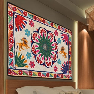 Wall Art Indian Vintage hand embroidered wall hanging Gujrati textile, home decor antique tapestry, 40-50 Year old home furniture,
