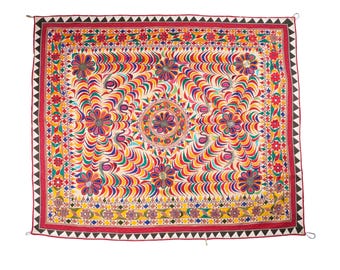 Vintage Hand Embroidered Bohemian Gujarati Tapestry Wall Hanging Textile Home Decor Floral Handcrafted Wall Decor Art Housewarming gift