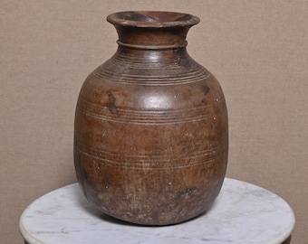 Handmade Vintage Wooden Pot Himachal Matka Old Hand Carved 